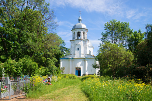 View of assumption Church on a sunny june day. Village Korosten, Novgorod region, Russia