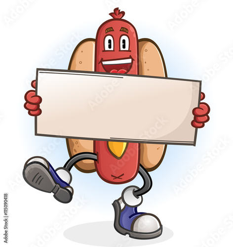 Hot Dog Cartoon Character Holding a Sign