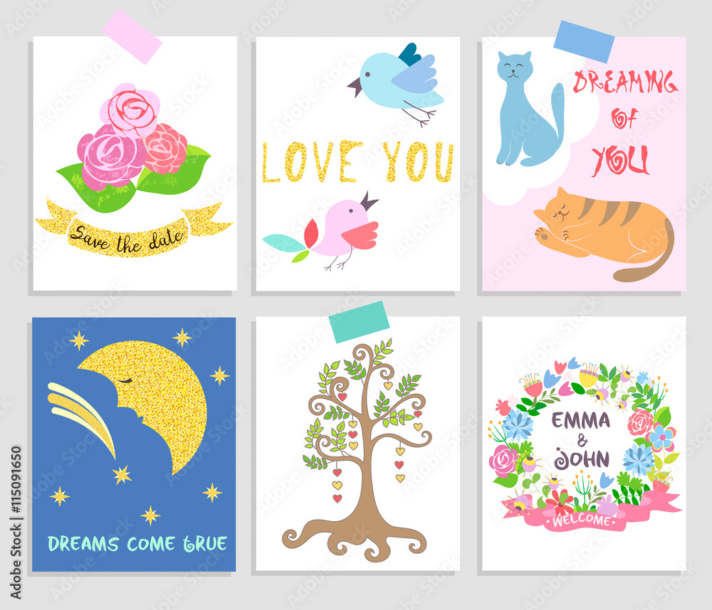 Naklejka premium A set of Stickers on the theme of Wedding and Love. Gold signs.