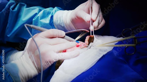 The Surgeon Conducting the Operation of Craniotomy.Close-up of the Surgeon's Hands and Instruments in the background of the Skull photo