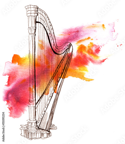 Valokuva Pen and ink drawing of vintage harp with watercolor stain