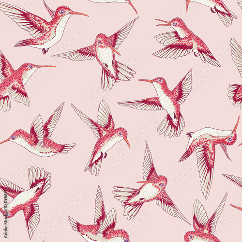 vector seamless flying little birds of paradise conversational pattern, spring summer time, gentle romantic humming-bird, colibri background allover print design