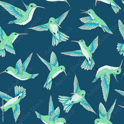 vector seamless flying little birds of paradise conversational pattern, spring summer time, gentle romantic humming-bird, colibri background allover print design
