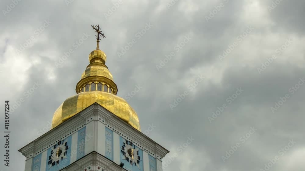 Bell tower dome of St. Michael's Cathedral on the background of rapidly moving clouds. Kiev, Ukraine. Timelapse video Bell tower dome of St. Michael's Cathedral on the background of rapidly moving clouds. Kiev, Ukraine. Timelapse video