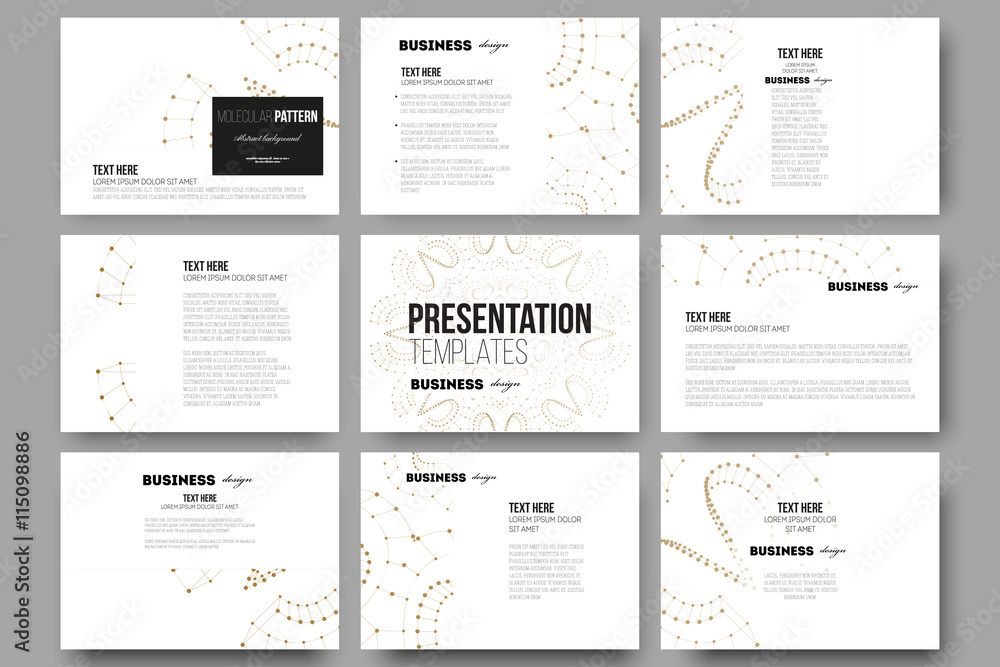 Set of 9 templates for presentation slides. Abstract polygonal low poly backdrop with connecting dots and lines, golden connection structure on white background. Digital or science vector
