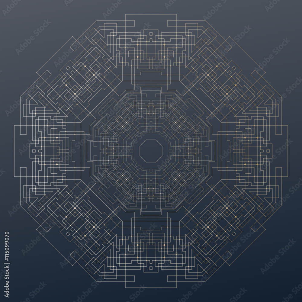 Abstract round technology pattern on dark background, golden mandala template with connecting lines and dots, connection structure. Digital scientific vector