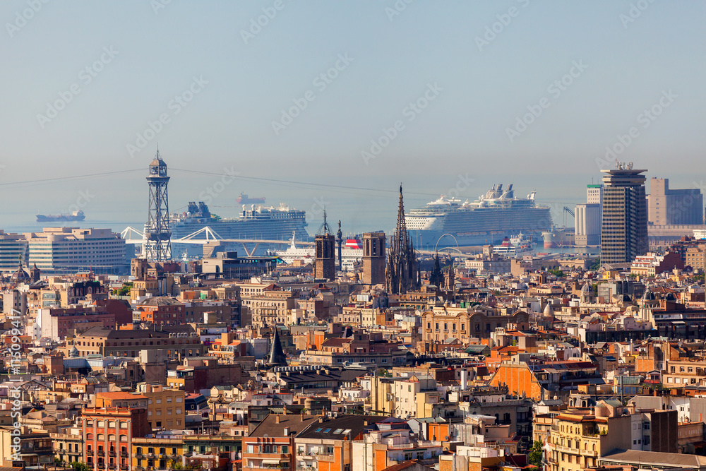 Barcelona Panorama with two high-rise skyscrapers and the sea on the horizon. Travel to Spain.