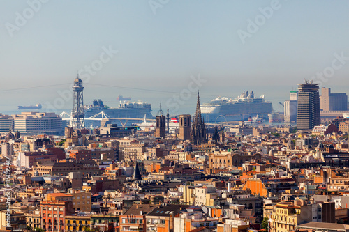Barcelona Panorama with two high-rise skyscrapers and the sea on the horizon. Travel to Spain.