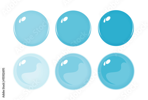 Illustration of icon bottons isolated on white. Set of light Blue color labels, 6 bottons. Graduation color. Glass balls. Vector 