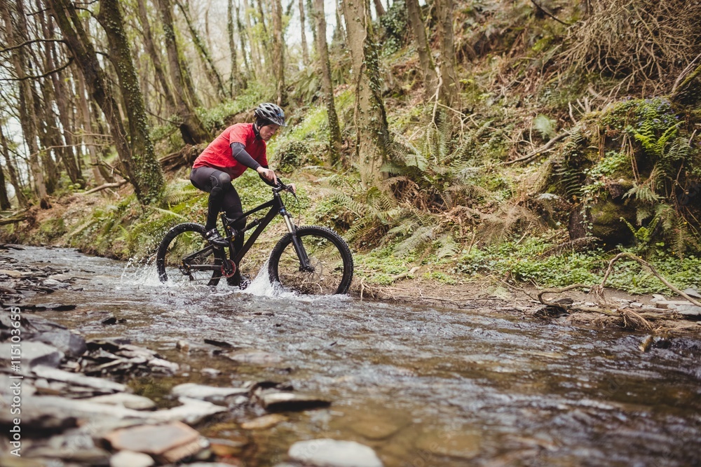 Mountain biker in stream at forest