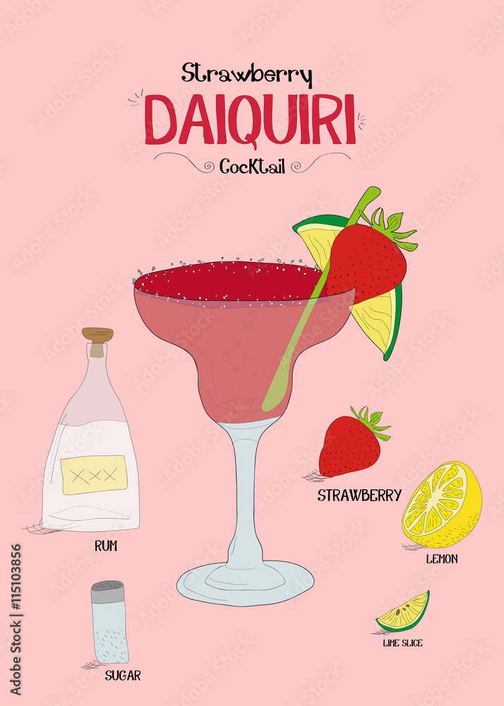 Obraz How to make a Strawberry Daiquiri cocktail with ingredients for business