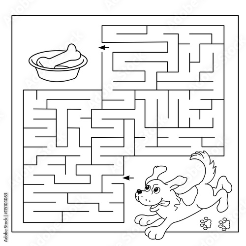 Cartoon Vector Illustration of Education Maze or Labyrinth Game for Preschool Children. Puzzle. Coloring Page Outline Of dog with bone. Coloring book for kids.