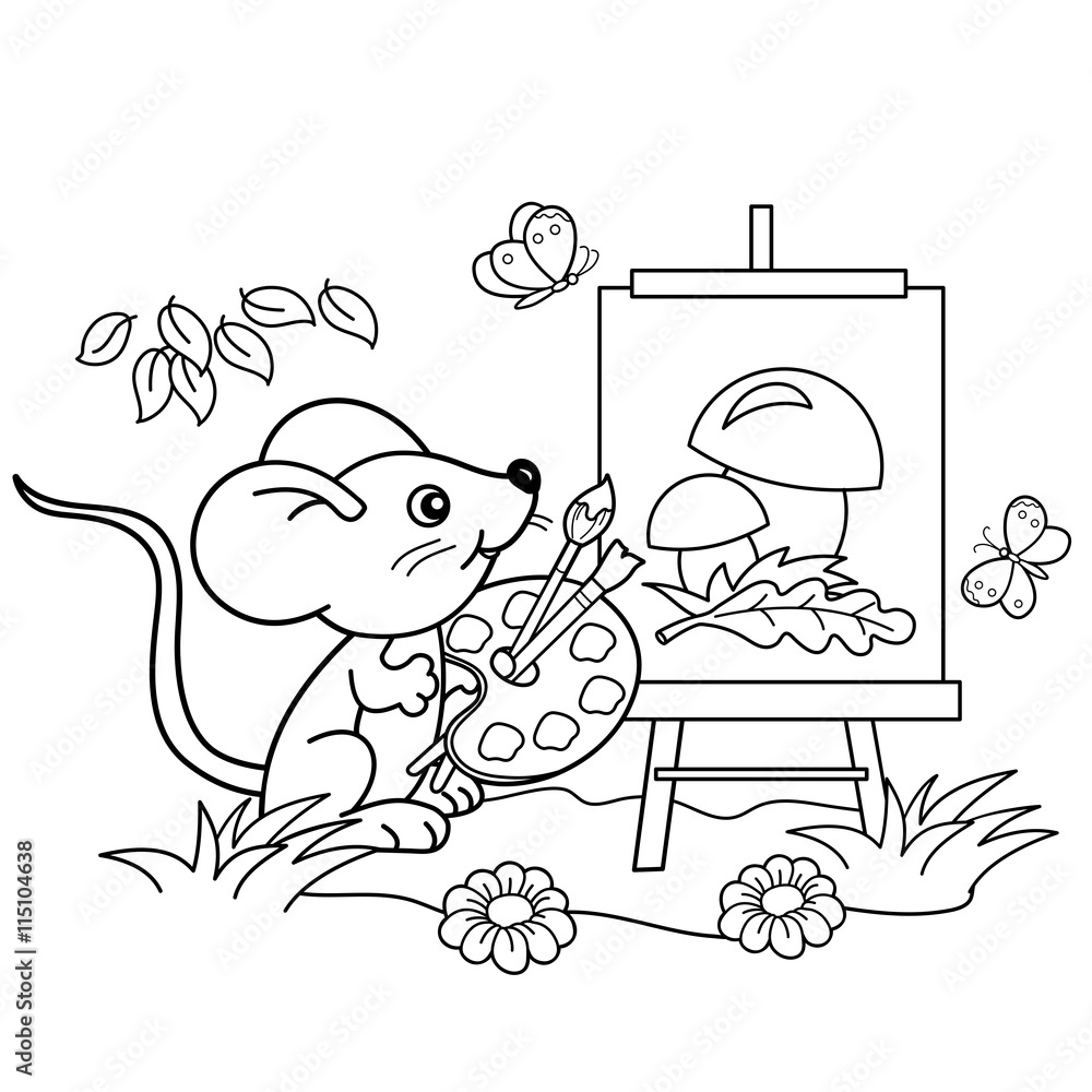 Coloring Page Outline Of cartoon little mouse with picture of mushrooms ...