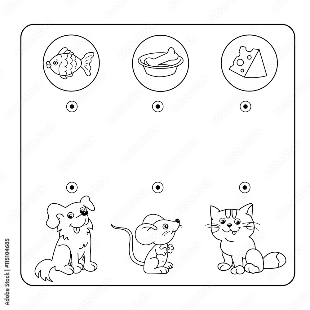 Cartoon Animals and their Favorite Food. Maze or Labyrinth Game for  Preschool Children. Puzzle. Tangled Road. Matching Game. Coloring book for  kids. Stock Vector | Adobe Stock