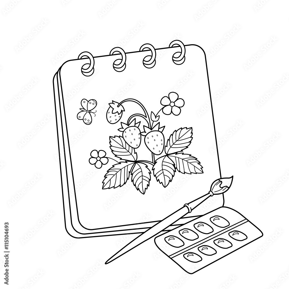 Coloring Page Outline Of cartoon album or sketchbook with brush and paints.  Drawing of strawberries. Coloring book for kids Stock Vector | Adobe Stock