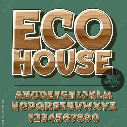Vector set of alphabet letters, numbers and punctuation symbols. Wooden logo for ecology activity with text Eco house. File contains graphic styles