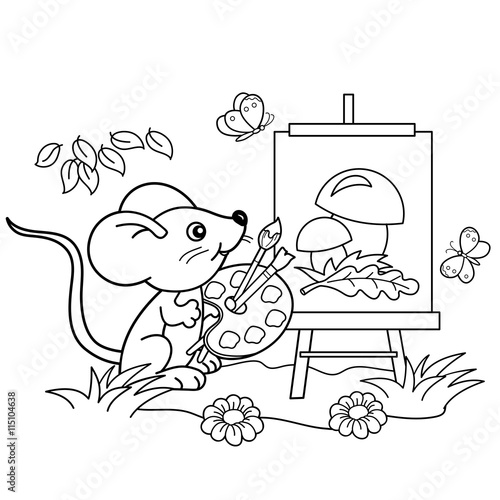 Coloring Page Outline Of cartoon little mouse with picture of mushrooms with brush and paints in the meadow with butterflies. Coloring book for kids