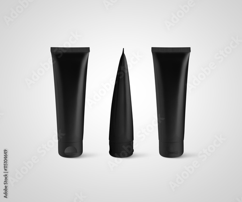 Blank black tube design mockup front back profile side view set, isolated, clipping path. Clear cream packaging stand mock up. Lotion skin care package bottle template. Scincare cosmetic gel flacon.