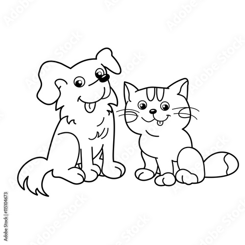 Coloring Page Outline Of cartoon cat with dog. Pets. Coloring book for kids. 