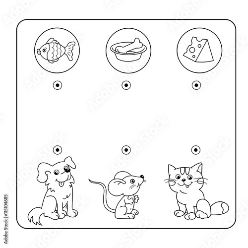 Cartoon Animals and their Favorite Food. Maze or Labyrinth Game for Preschool Children. Puzzle. Tangled Road. Matching Game. Coloring book for kids. 