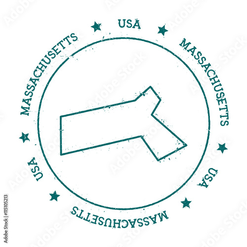 Massachusetts vector map. Retro vintage insignia with US state map. Distressed visa stamp with Massachusetts text wrapped around a circle and stars. USA state map vector illustration.