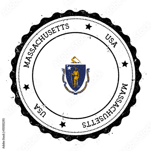 Massachusetts flag badge. Grunge rubber stamp with Massachusetts flag. Vintage travel stamp with circular text, stars and USA state flag inside it. Vector illustration.
