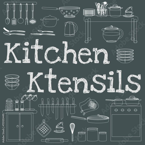 Kitchenware icons vector set.Cartoon kitchen utensil collection spoon pot food knife fork cup pan spatula ladle plate dish bowl colander whisk grater.Steel kitchen household cutlery, cooking equipment