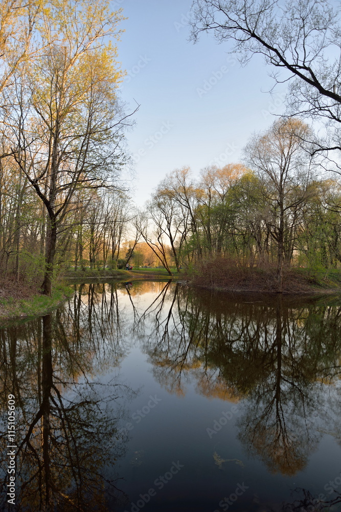 Trees reflected in a pond at sunset in the city Park of the Vict Trees reflected in a pond at sunset in the city Park of the Vict