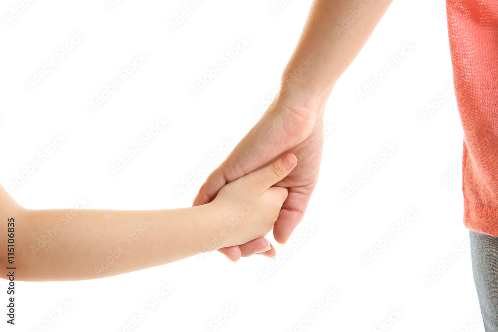 Hands of mother and child isolated on white