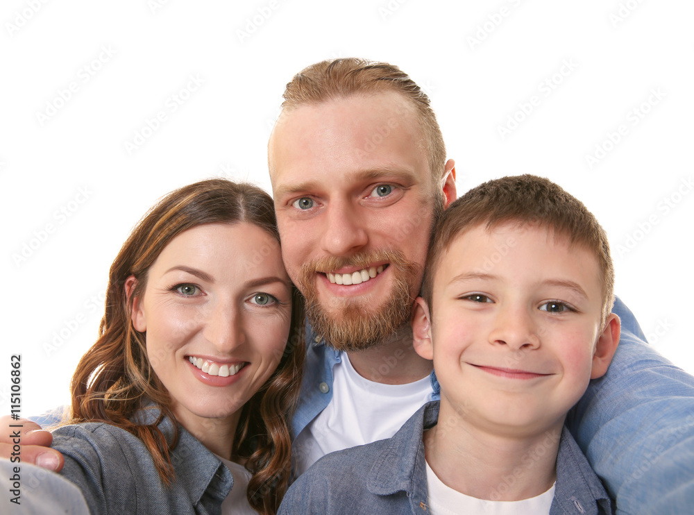 Happy family taking selfie isolated on white Happy family taking selfie isolated on white