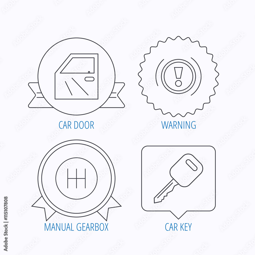 Car key, warning and manual gearbox icons. Car key, warning and manual gearbox icons.