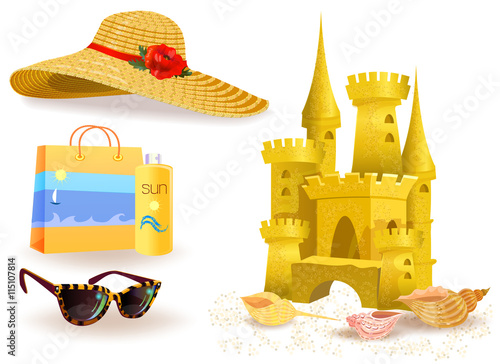 Sand castle on the sand of the sea, beach bag, spray tanning and sun glasses and straw hat from the sun with large fields isolated on white.