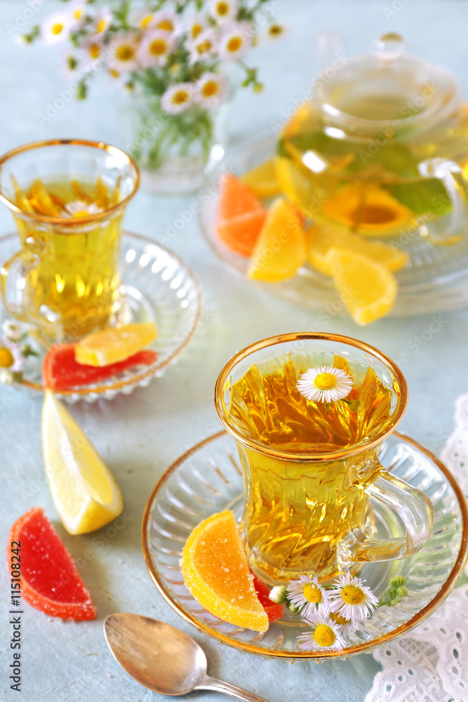 Summer tea drink: Herbal tea with fruit jelly Summer tea drink: Herbal tea with fruit jelly