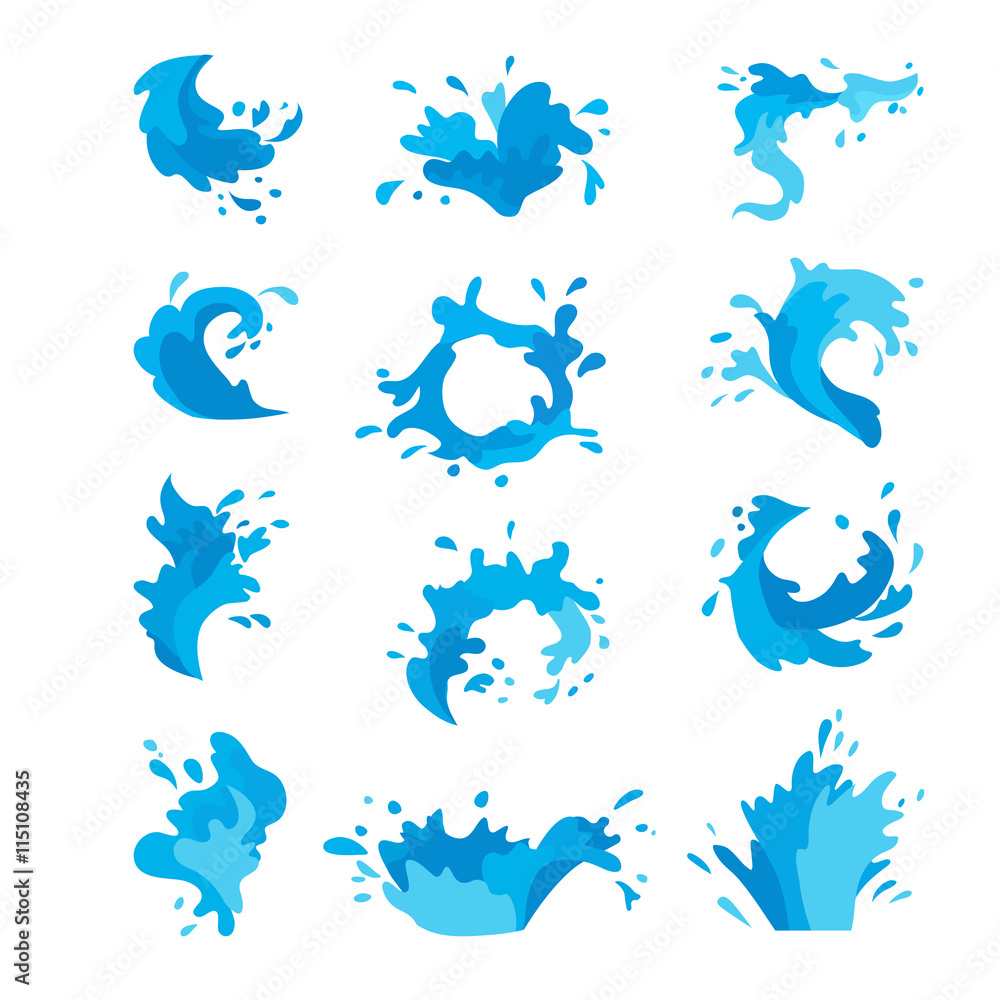 Water splashes collection vector set. Pour drop spa symbol water splash  cartoon vector motion blue splashing. Transparent purity drop nature  abstract water splash. Freshness bubble wash. Stock Vector | Adobe Stock