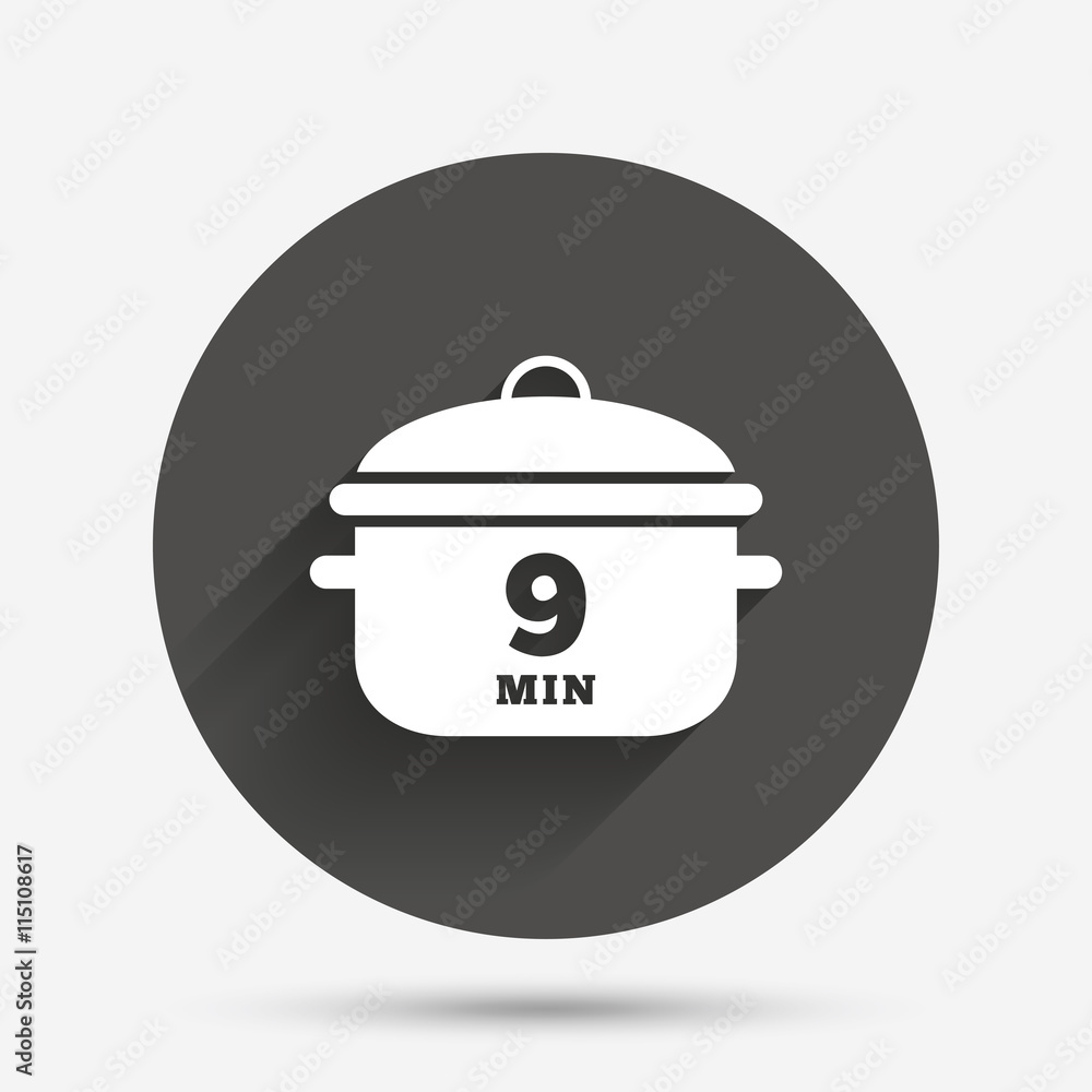 Boil 9 minutes. Cooking pan sign icon. Stew food Boil 9 minutes. Cooking pan sign icon. Stew food
