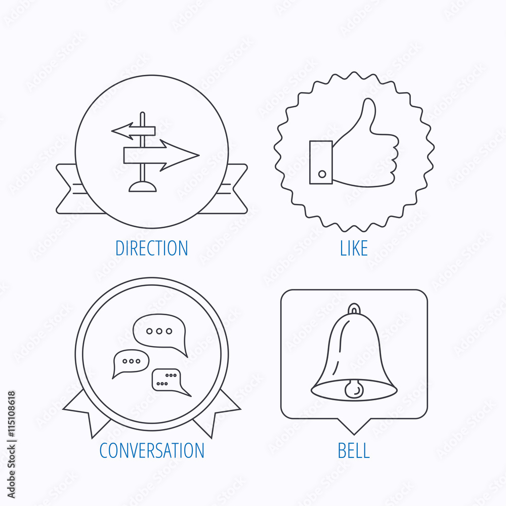 Direction, thumb up and conversation icons. Direction, thumb up and conversation icons.