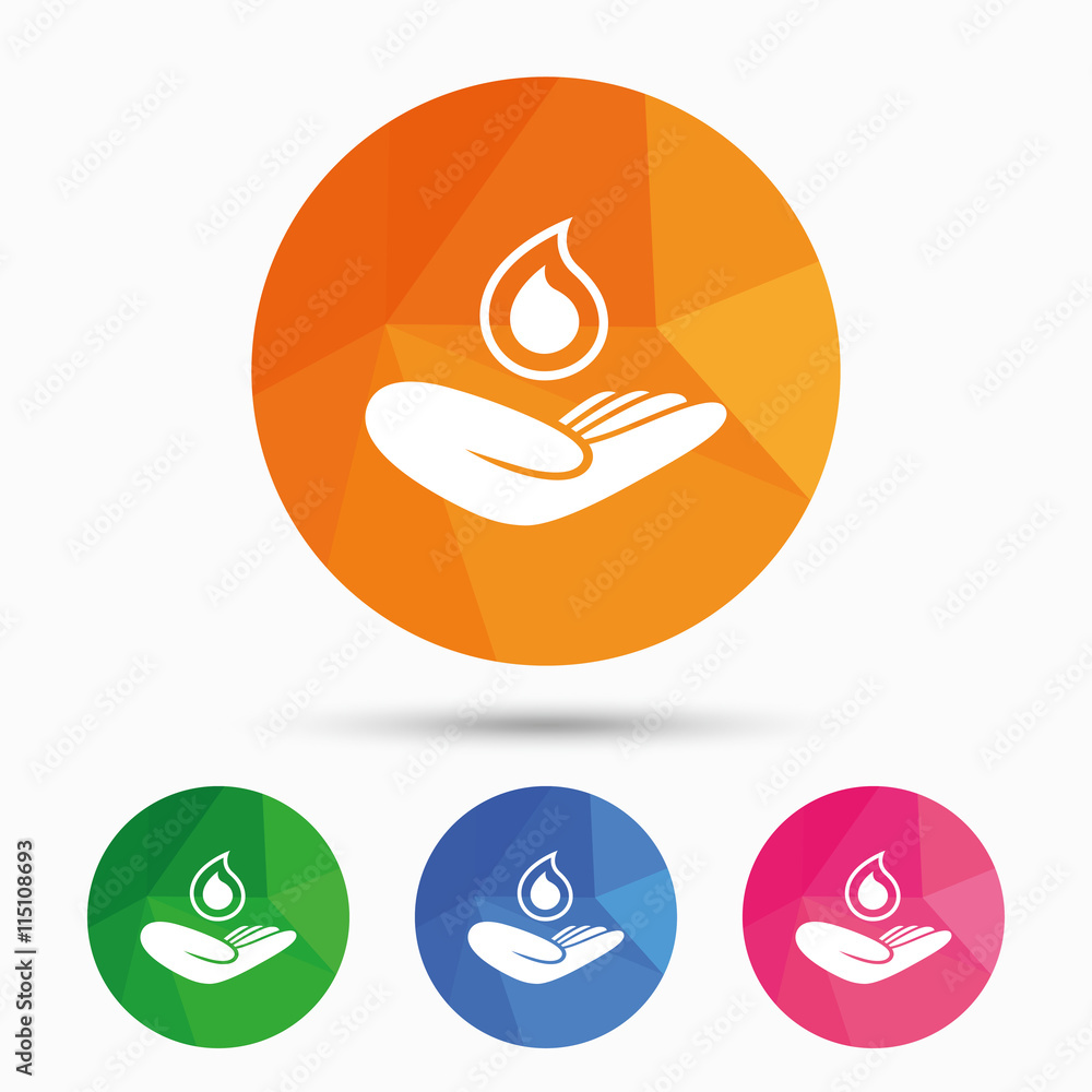Obraz premium Save water sign. Hand holds water drop symbol