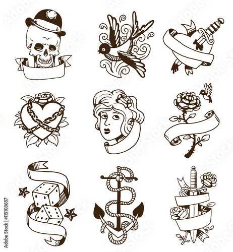 Vetor de Old school tattoo elements vector set. Cartoon vector tattoos in  funny style anchor, dagger, skull, flower, star, heart and old vintage ink  hand drawn tattoo. Woman head rose thorns and