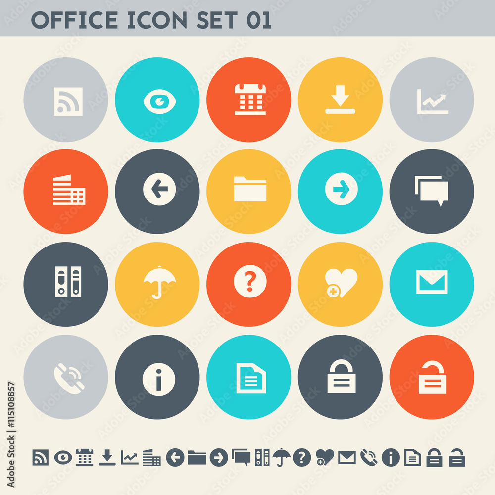 Office 1 icon set. Multicolored flat buttons