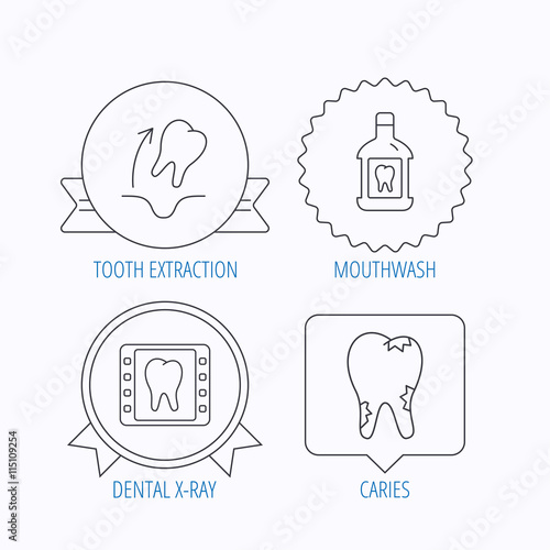 Tooth extraction, caries and mouthwash icons.