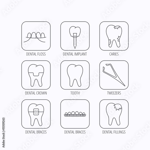 Dental implant, floss and tooth icons. Braces.