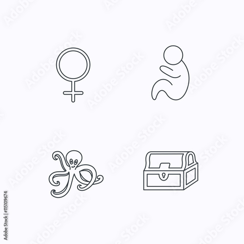 Female, treasure chest and paediatrics icons.