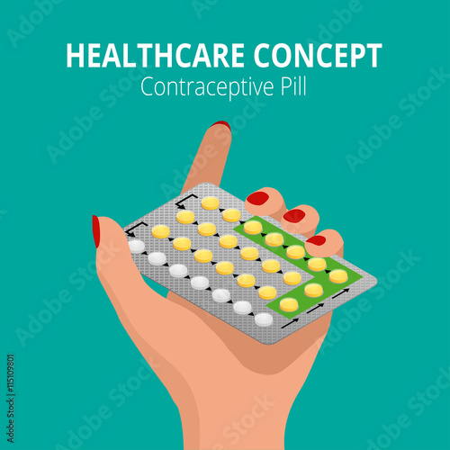 Woman holding blister pack of Strip of 28 Contraceptive Pill in his hands. Health care concept. Capsules in their hands. Take pills. Flat 3d isometric vector illustration.