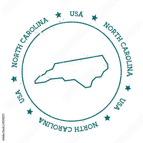 North Carolina vector map. Retro vintage insignia with US state map. Distressed visa stamp with North Carolina text wrapped around a circle and stars. USA state map vector illustration.