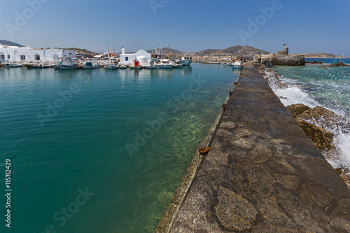 Amazing Panorama of Venetian fortress and port in Naoussa town, Paros island, Cyclades, Greece