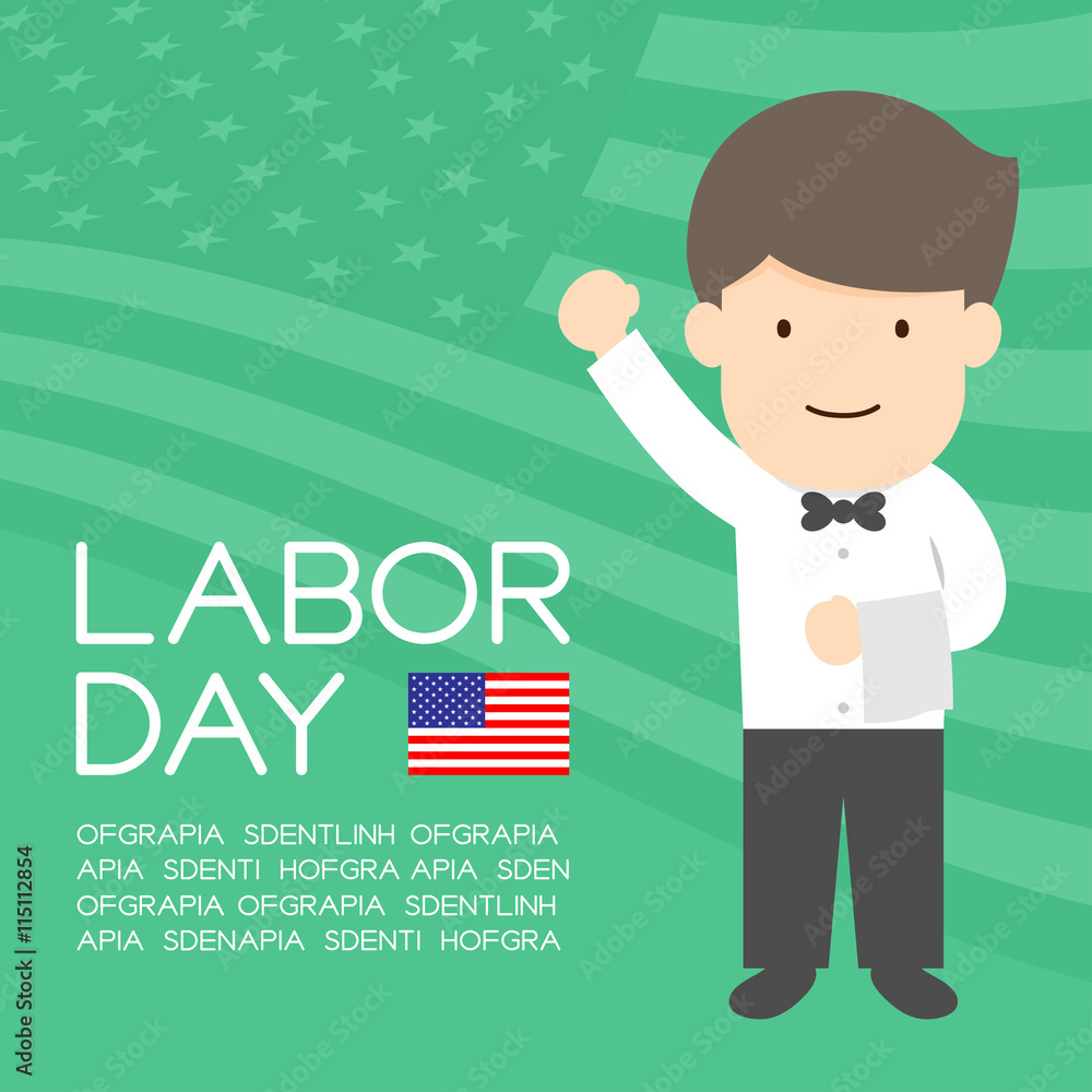Labor day of United States of America, server or waiter man character illustration design isolated on usa flag pattern green color background, with copy space Labor day of United States of America, server or waiter man character illustration design isolated on usa flag pattern green color background, with copy space