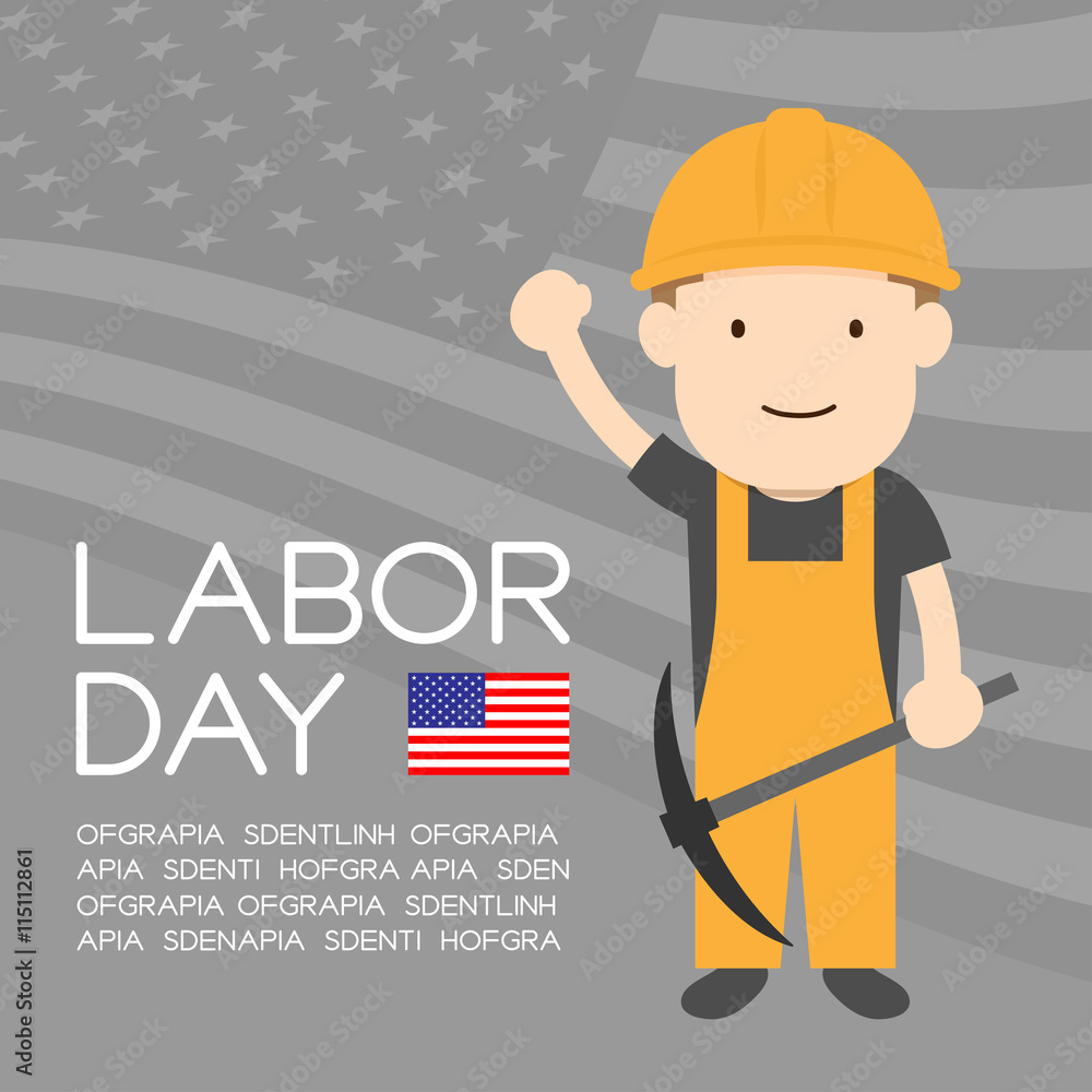 Labor day of United States of America, worker man character illustration design  isolated on usa flag pattern grey color background, with copy space