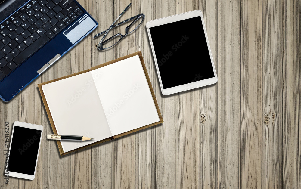 Office wooden desk table with computer, tablet,smartphone,blank Office wooden desk table with computer, tablet,smartphone,blank