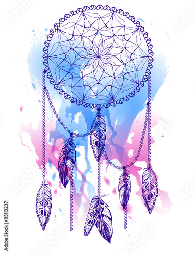 Handdrawn dream catcher with watercolor effect.