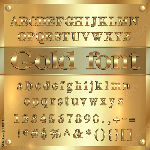 Vector gold coated alphabet letters, digits and punctuation on golden background